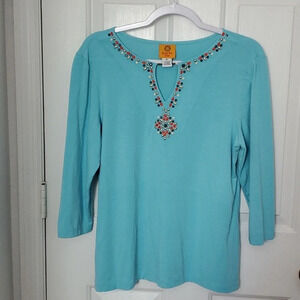 Ruby Rd Womens 3/4 Sleeve Turquoise Top with a Beautiful Bead Design Sz LP